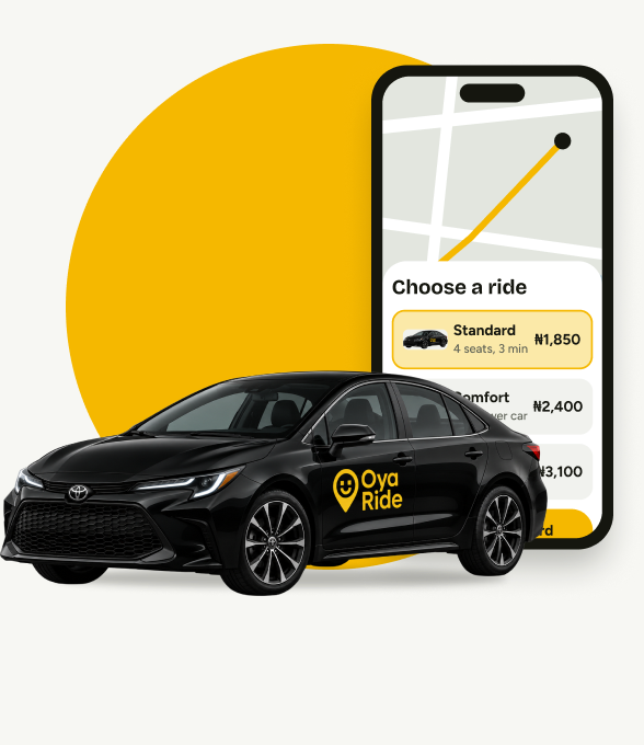 Oya app choose a ride screen and taxi